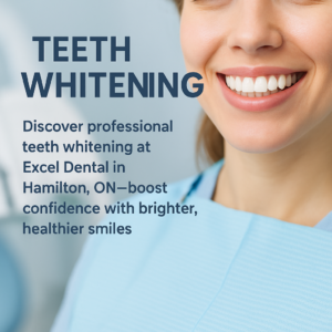 Smiling person with bright teeth beside teeth whitening promotional text