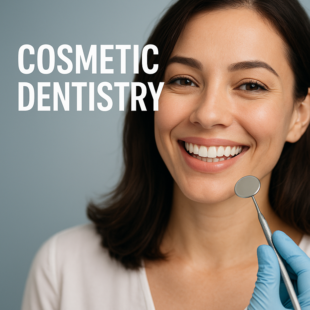 Smiling woman with a dental mirror beside her face under the text Cosmetic Dentistry