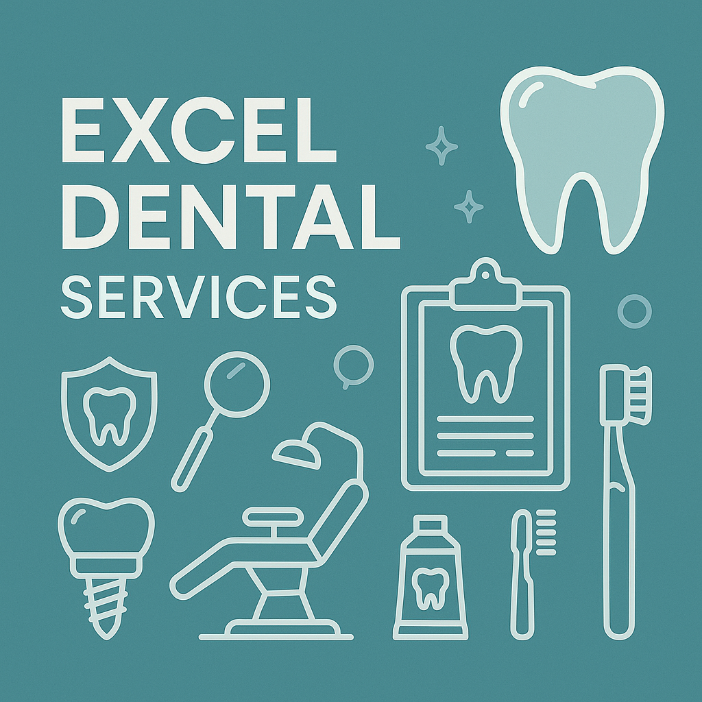 Excel Dental Services graphic with line icons of a tooth, dental chair, implant, toothbrush, toothpaste, mirror, and chart