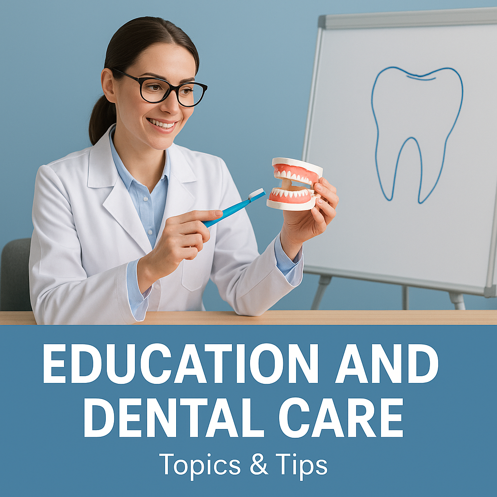 Woman demonstrating brushing on a tooth model beside a flip chart with a tooth drawing and Education and Dental Care text