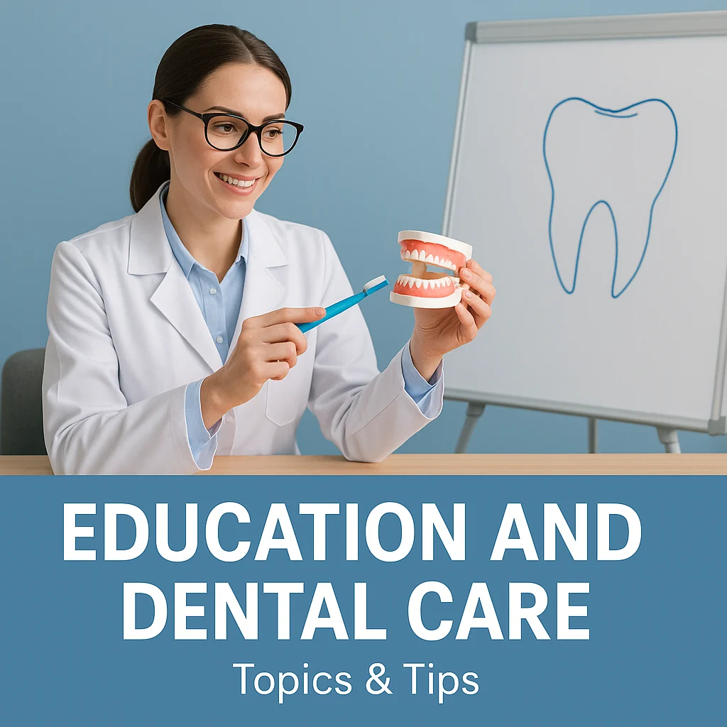 Woman demonstrating brushing on a tooth model beside a flip chart with a tooth drawing and Education and Dental Care text