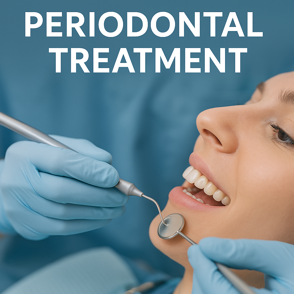 Patient receiving a dental exam with mirror and scaler under the text Periodontal Treatment