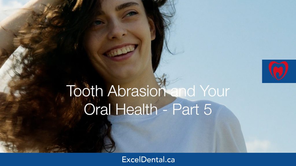 Smiling woman outdoors with text about tooth abrasion and oral health, part 5