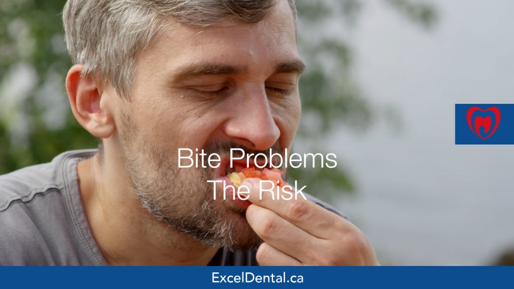 Promotional graphic of a man biting food with the text "Bite Problems The Risk" and Excel Dental branding