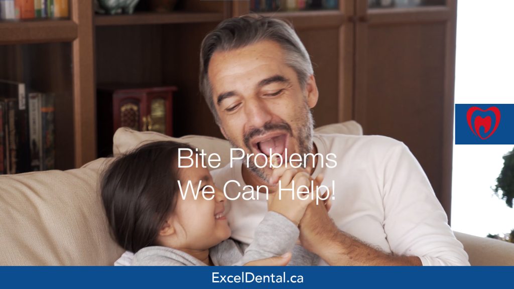 Adult man and young child smiling on a sofa with Bite Problems We Can Help text for Excel Dental