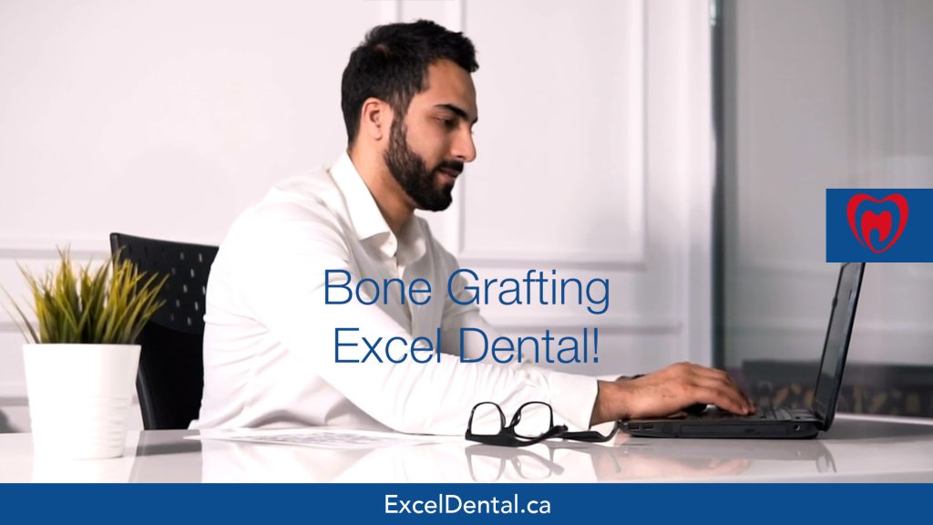 Promotional graphic for Excel Dental bone grafting with a man working on a laptop at a desk.