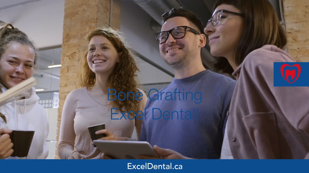 Promotional image showing four smiling young adults in an office with Bone Grafting and Excel Dental text overlay.