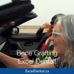 Older woman smiling in a convertible with another passenger, overlaid with Bone Grafting Excel Dental text.