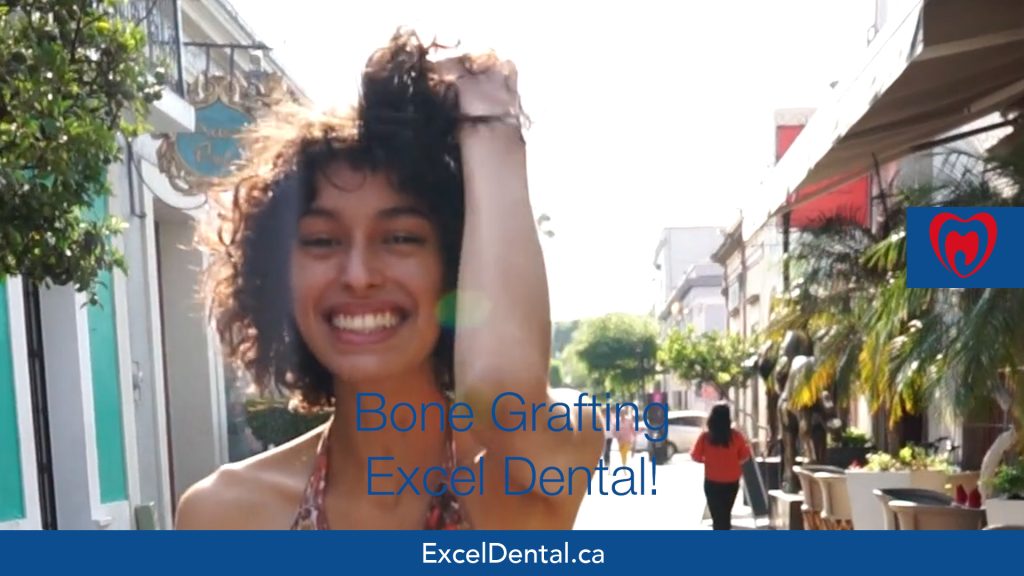 Smiling woman outdoors on a sunny street with Bone Grafting Excel Dental text overlay