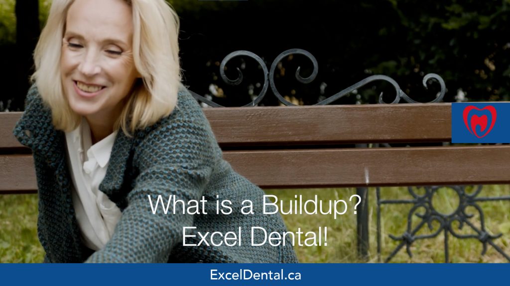 Smiling older woman sitting on a park bench with Excel Dental promotional text overlay