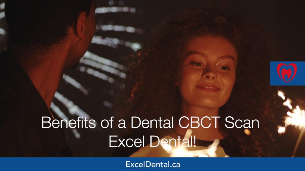 Promotional graphic with two people holding sparklers and text about the benefits of a dental CBCT scan at Excel Dental.