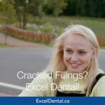 Smiling young woman outdoors with another person, overlaid with Excel Dental cracked fillings promotional text.