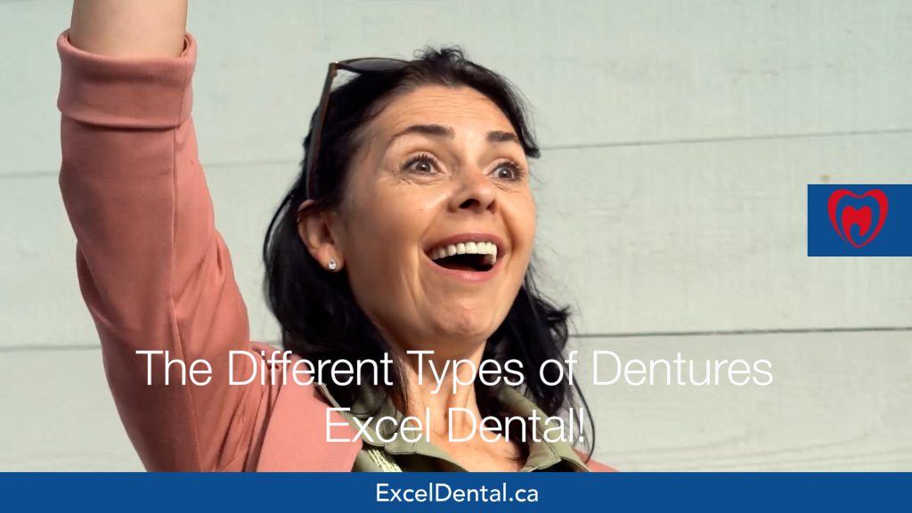 Smiling woman with raised arm in promotional dentures graphic for Excel Dental