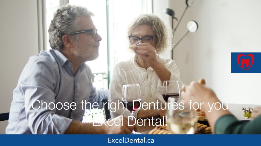 Older couple dining at a table in an Excel Dental dentures promotional image