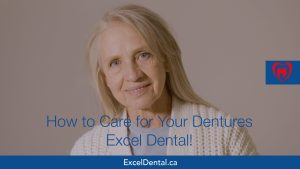 Older woman smiling in promotional image about denture care from Excel Dental