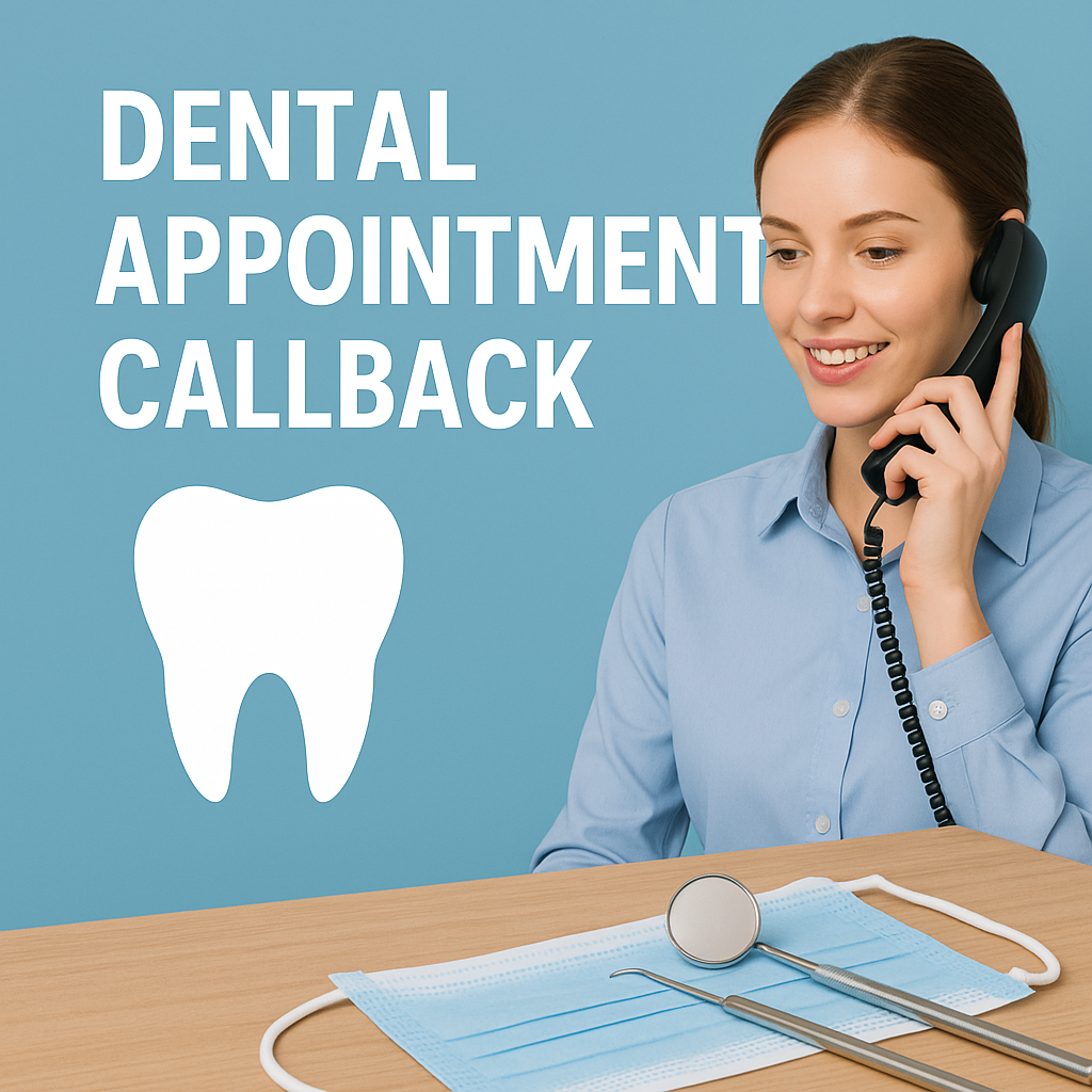Dental appointment callback graphic with a woman on the phone and dental tools on a desk