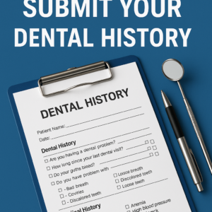 Dental history form on a clipboard with a pen and dental mirror under the heading Submit Your Dental History