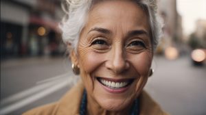 Smiling older woman with gray hair in an outdoor portrait