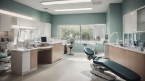 Bright dental treatment room with a reclining exam chair, cabinetry, counters, and imaging equipment.