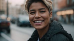Smiling woman showing healthy teeth outdoors