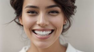 Close-up front portrait of a smiling woman showing bright, even teeth.