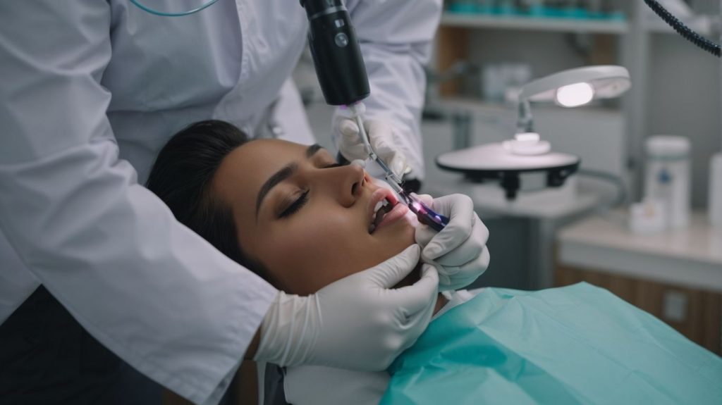 Dentist using a laser dental handpiece during a procedure on a patient in a dental chair.