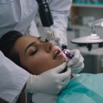 Dentist using a laser dental handpiece during a procedure on a patient in a dental chair.