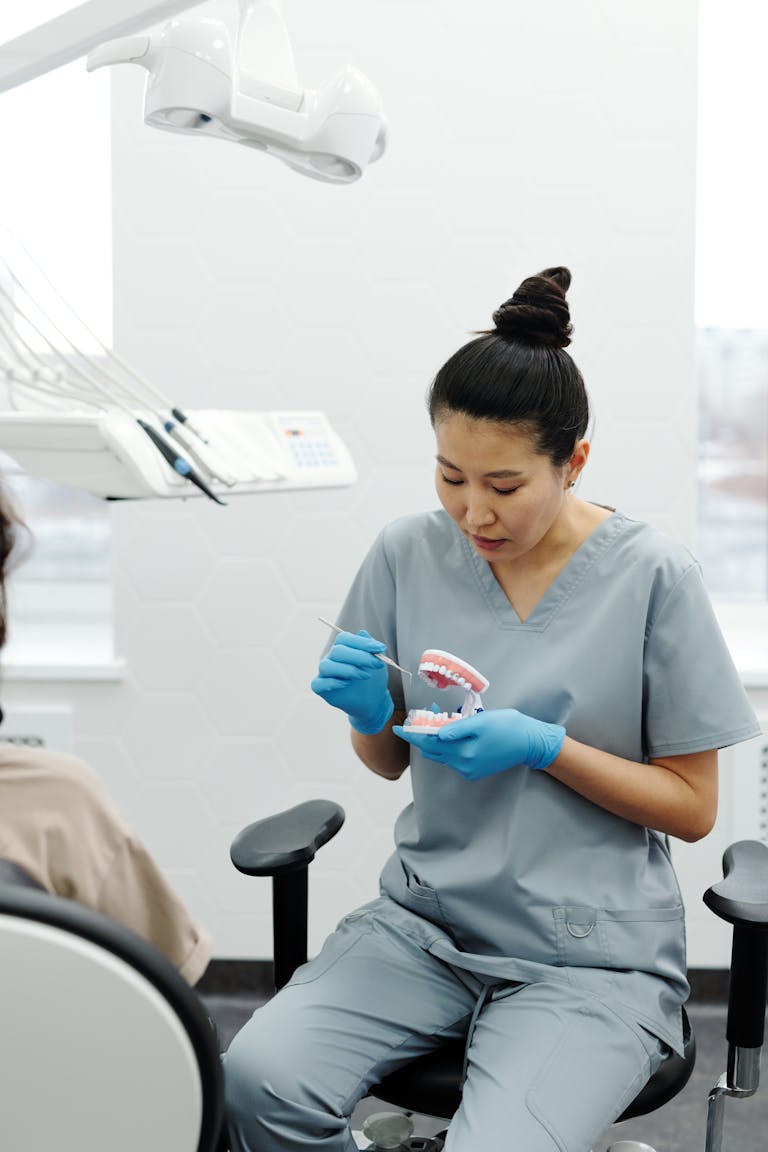 Dental professional demonstrating brushing or denture care on a teeth model for a seated patient in a clinic.