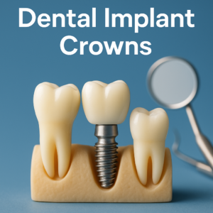 Illustration of a dental implant crown between two tooth models