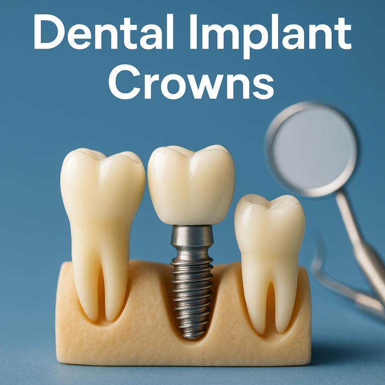 Illustration of a dental implant crown between two tooth models