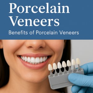 Promotional graphic for porcelain veneers with a smiling mouth and a tooth shade guide