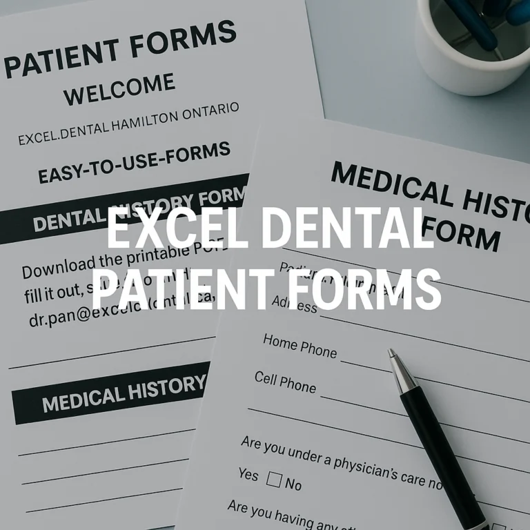 Close-up of Excel Dental patient forms, including dental and medical history pages with a pen.