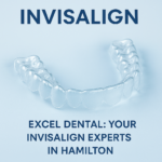 Clear aligner tray with Invisalign and Excel Dental promotional text