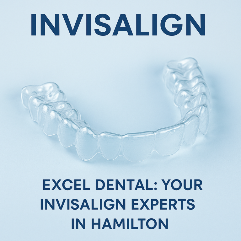 Clear aligner tray with Invisalign and Excel Dental promotional text