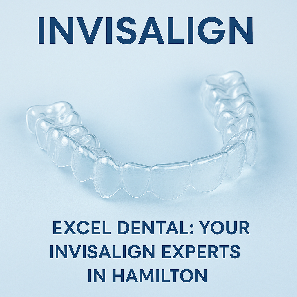 Clear aligner tray with Invisalign and Excel Dental promotional text