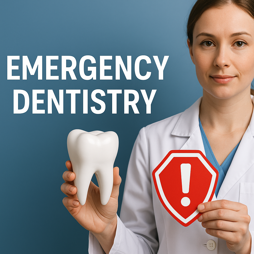 Dental professional holding a tooth model and red warning shield beside Emergency Dentistry text